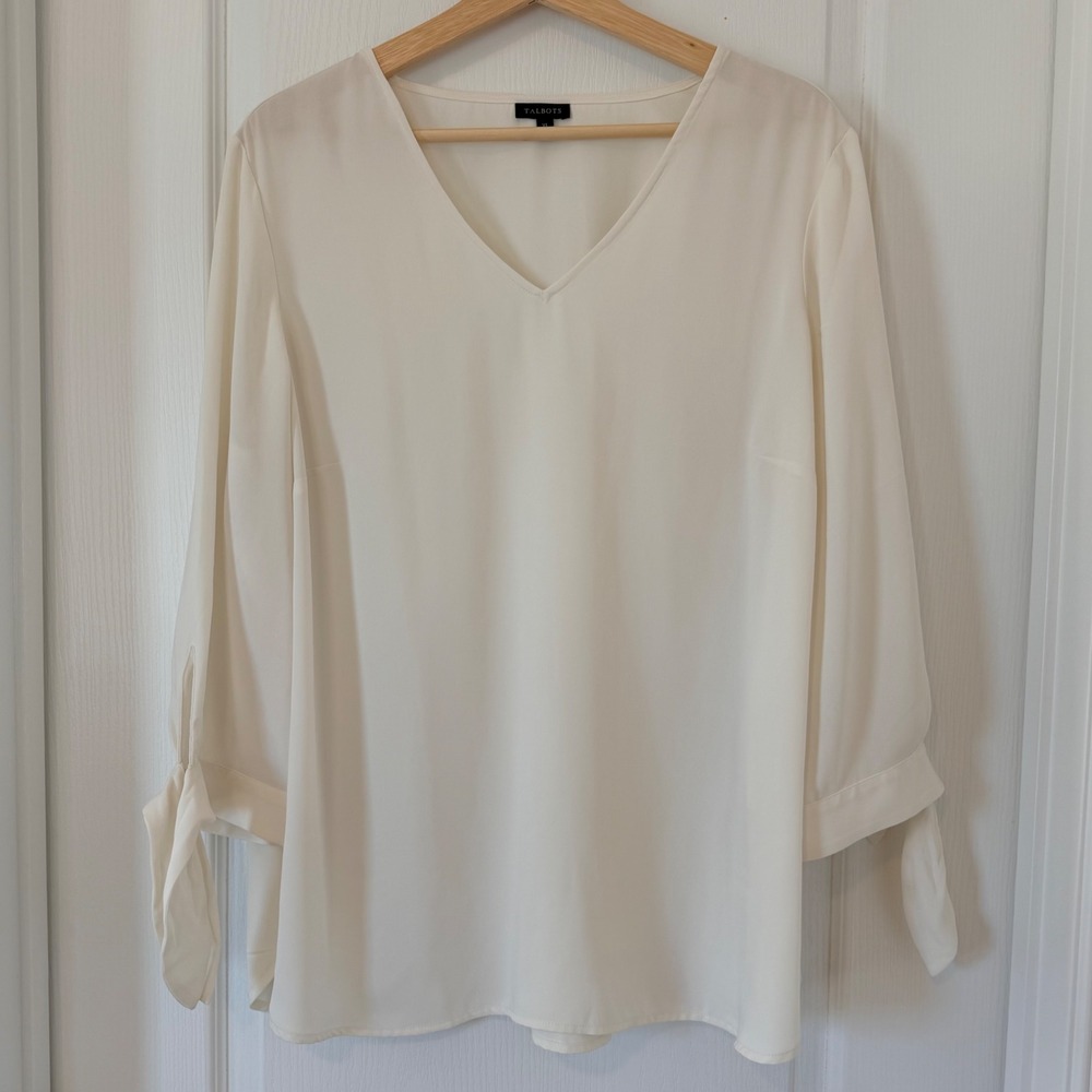Talbots Cream V-Neck Blouse Tie Cuff 3/4 Sleeve Minimalist XL